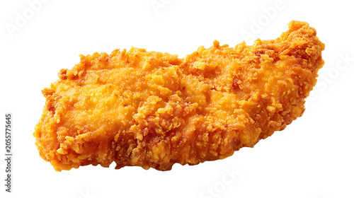 Single crispy golden chicken tender with crunchy breaded coating, isolated on white background.