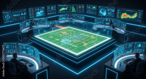 High tech sports control room with holographic football field