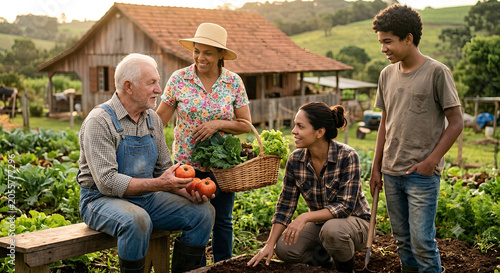 Multi-generational Brazilian family farmers standing in vegetable garden, family agriculture and food sovereignty