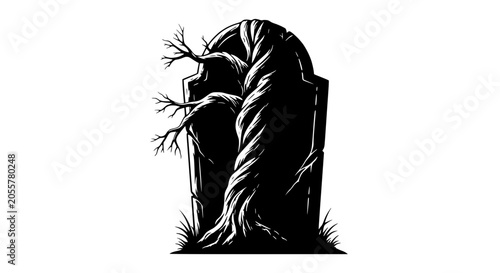 Fényképezés Gnarled Tree Growing Over Tombstone, Spooky Halloween Illustration