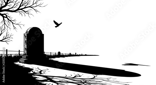 Obraz na plátně Gothic Tombstone Silhouette with Bird and Shadow