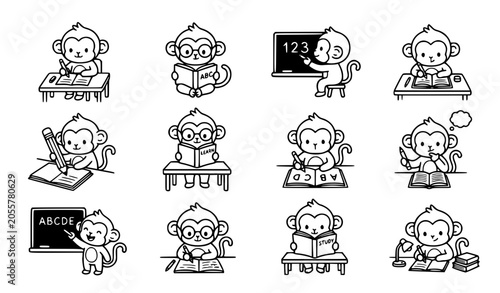 Canvas Print Cute Baby Monkey Writing Clipart Bundle, 12 Black and White Vector Illustrations