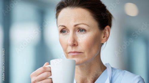 Healthcare worker holding warm drink and reflecting quietly after emotionally demanding day. Concept of processing sadness, compassion fatigue, healing and recovery