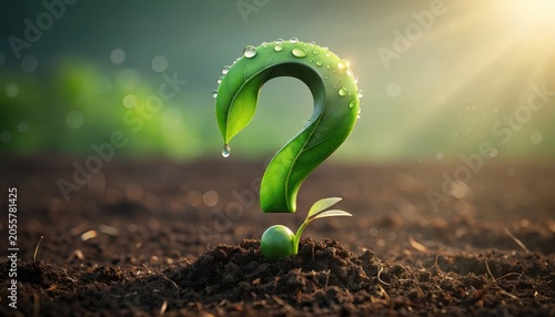 Question Mark concept. Green leaf shaped like a question mark emerging from soil with sunlight shining.