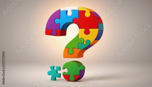 Question Mark concept. Colorful question mark made of interlocking puzzle pieces on a neutral background