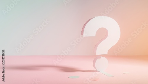 Question Mark concept. 3D white question mark casting a shadow on a soft pink and peach background