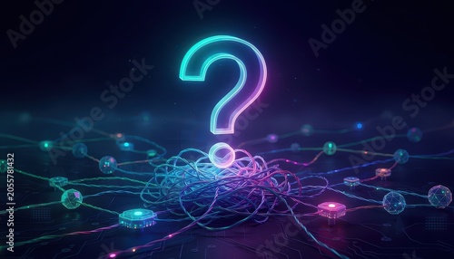 Question Mark concept. Glowing question mark above tangled network lines on dark futuristic background