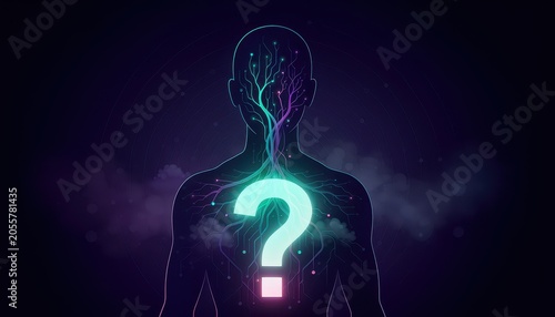 Question Mark concept. Human silhouette with glowing question mark and neural network lines