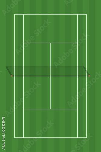 Tennis Court Layout Vector Illustration. Striped Grass Grand Slam Tennis Court with Net Shadow and White Line Markings. 