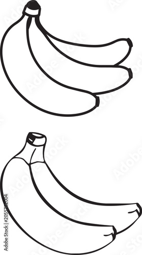 Black and white illustration of ripe bananas hanging