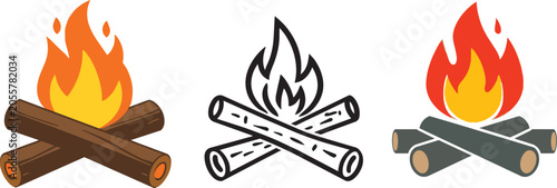 Three campfires with different flame styles on wooden sticks