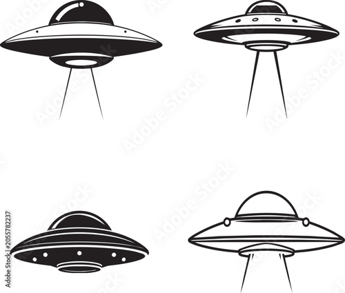 Four flying saucer ufo illustrations in black and white