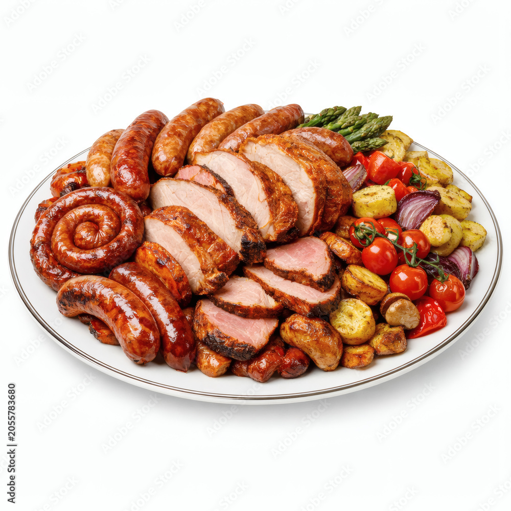 Fototapeta premium European Roast Platter on White Background for Restaurant Menu and Catering Promotion