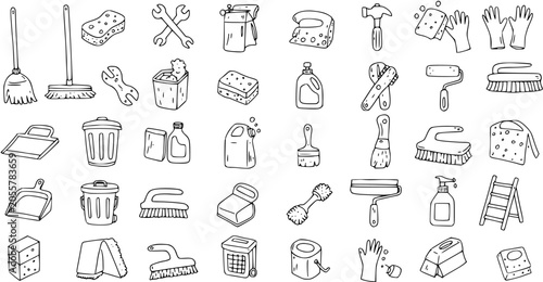 Quadro su tela Cleaning Supplies Doodle Collection: Hand-Drawn Vector Illustration