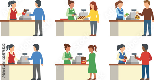 Foto Set of flat design vector illustrations depicting diverse cashier and customer i