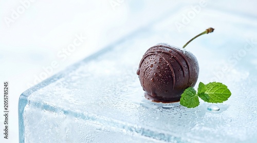 A professional close-up of a chocolate-covered cherry placed on a frosted ice block. The image captures dew drops and a fresh mint sprig, creating a luxurious, cooling, and artistic aesthetic.
