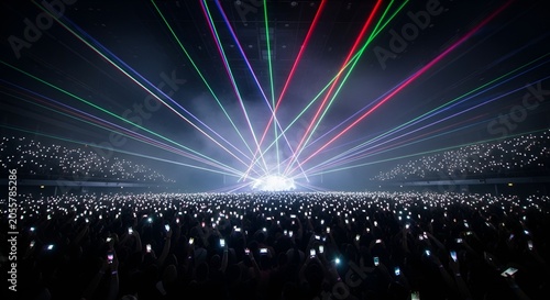 Vibrant red and green laser light beams shine over a massive crowd of people holding up bright glowing smartphones