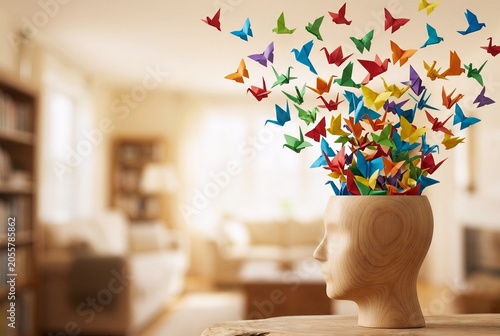 Wooden human head profile sculpture with a dynamic swarm of colorful flying origami birds erupting upwards. Blurred warm background serves as functional copy space.
