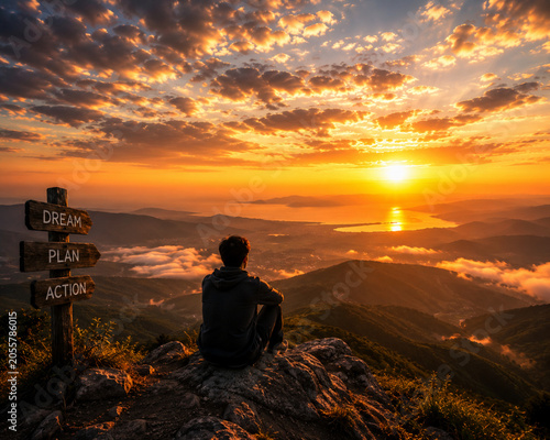 Dream Plan Action Concept at Mountain Peak Sunrise with Inspirational Success Journey
