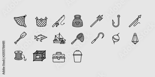 Bild auf Leinwand Icon set collection of professional fishing gear, nets, rods, hooks, tackle box, and marine equipment for commercial and recreational angling