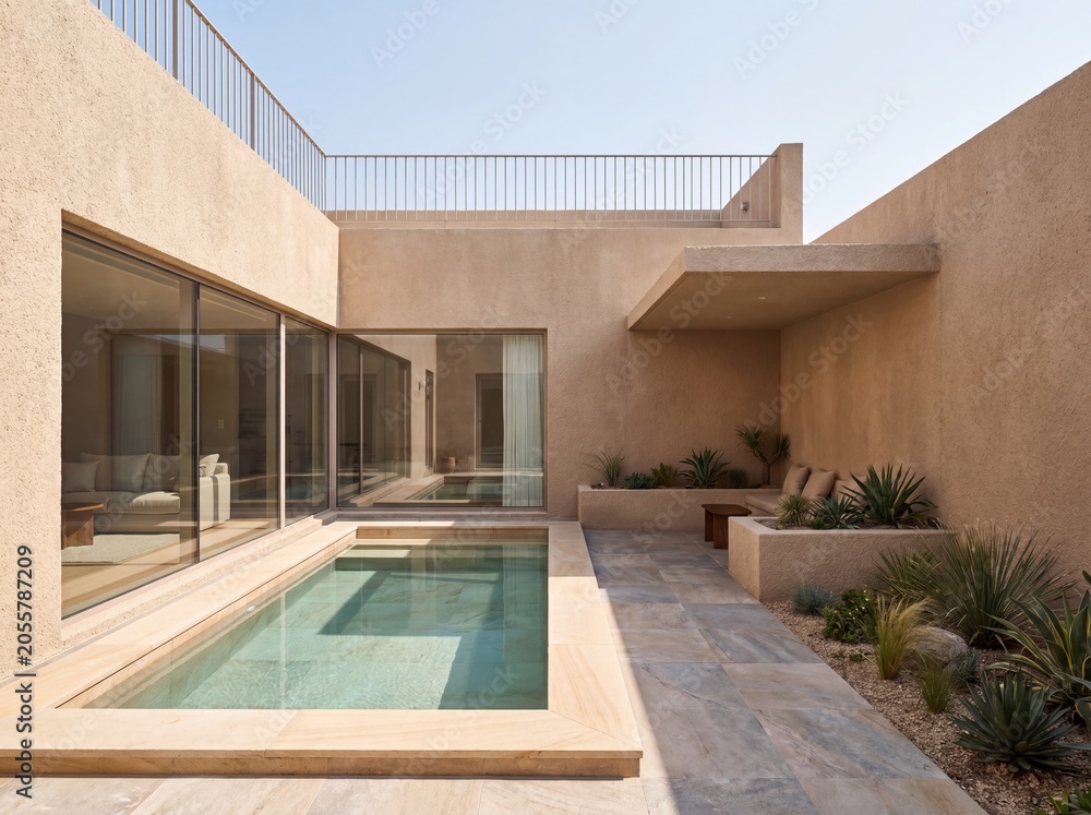 Fototapeta premium Luxury Resort Pool Terrace with Calm Water and Mediterranean Architecture