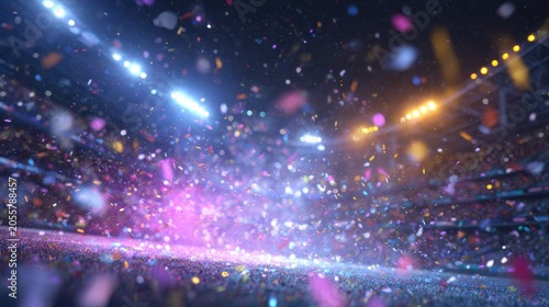Colorful lights shine as confetti fills the air in a stadium during a lively football celebration, creating a festive and energetic scene.