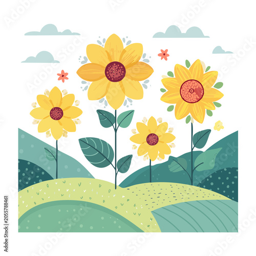 Vector illustration of sunflowers and green hills