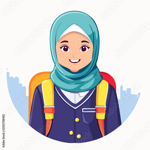Young Muslim Girl Wearing Hijab and School Uniform with Backpack