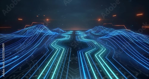 Futuristic digital landscape with glowing blue circuit lines forming a data pathway and undulating terrain, representing advanced technology and networks.