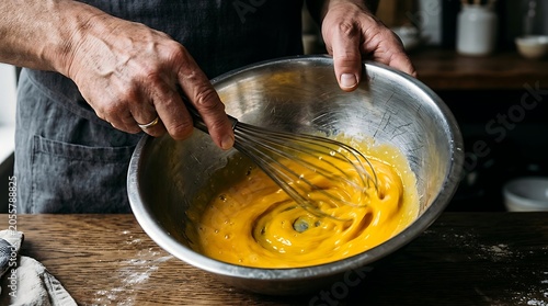 Chef whisking yellow egg yolks in a stainless steel bowl