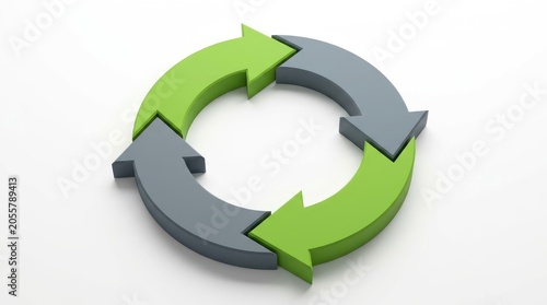 Three dimensional circular arrow diagram featuring alternating green and gray segments on a clean white background for professional business presentations