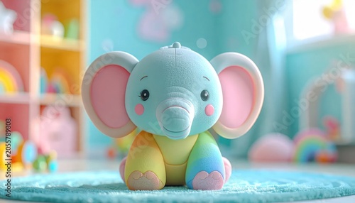 Colorful plush elephant toy in a sunny nursery.