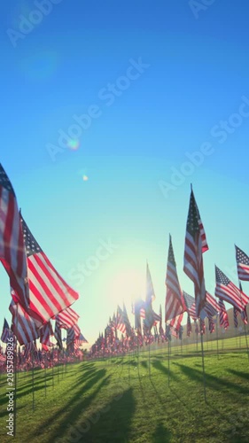 Vertical Screen: USA Flag September 11 memorial tribute displays hundreds of American flags waving on green grass field during golden hour with sun flares and long shadows across the lawn.