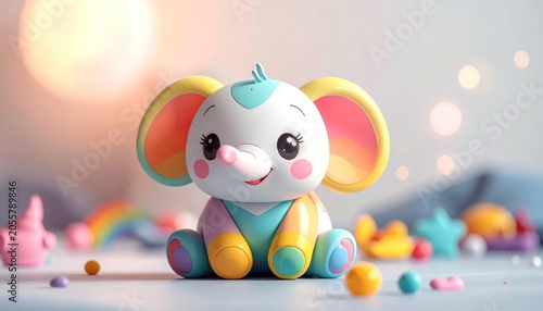 Colorful stuffed elephant toy in bright nursery setting.