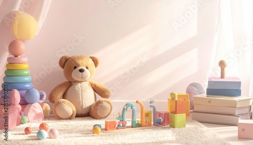 Teddy bear with stacking rings and wooden toy blocks.
