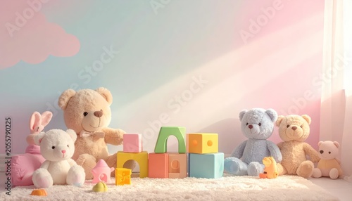 Two teddy bears and building blocks in sunlit room.