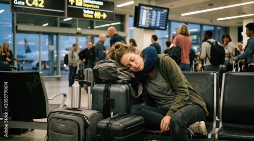 Exhausted young woman sleeping on luggage at airport gate waiting for flight delay, tired female traveler resting on suitcase in terminal during long layover