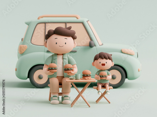 A cute 3d illustration of a father and son sitting on chairs outdoors and eating burgers in front of a car