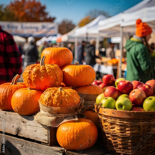 Fresh pumpkin display and seasonal produce at a lively farmers market with shoppers enjoying an autumn harvest festival