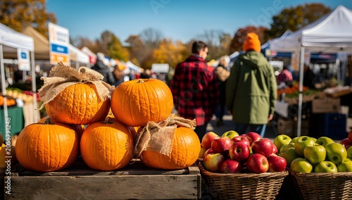 Fresh pumpkin display and seasonal produce at a lively farmers market with shoppers enjoying an autumn harvest festival