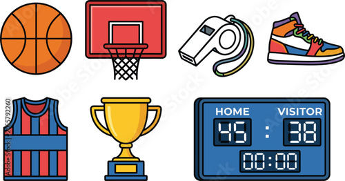  Colorful Basketball Sports Icon Set Featuring Ball Hoop Whistle Sneaker Jersey Trophy and Scoreboard for Tournament Websites Mobile Apps and Athletic Graphic Designs