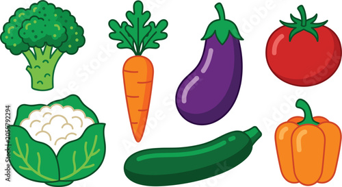  Fresh Garden Vegetable Vector Set Featuring Broccoli Carrot Eggplant Tomato Cauliflower Zucchini and Bell Pepper for Healthy Eating Grocery Market Cookbooks and Vegan Recipe Designs