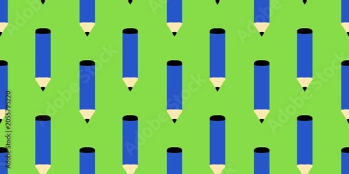 Seamless pattern of minimalist blue pencils on a vibrant green background. Clean geometric illustration style for stationery or academic backdrop wallpaper.