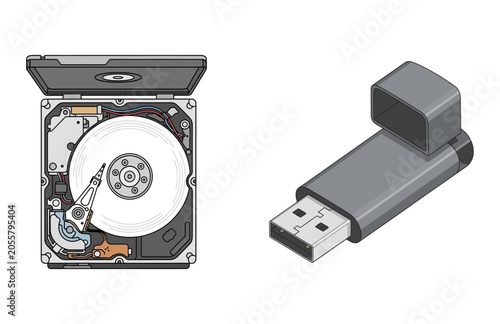 Vector illustration of open hard disk drive and USB flash drive for data storage concept