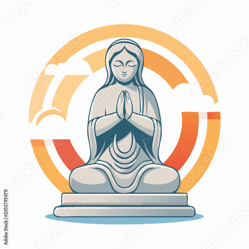 Meditating Buddha Statue with Rainbow and Clouds