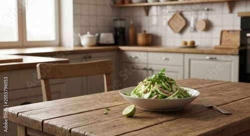 A vibrant salad on a wooden table in a sunlit kitchen with neutral colors