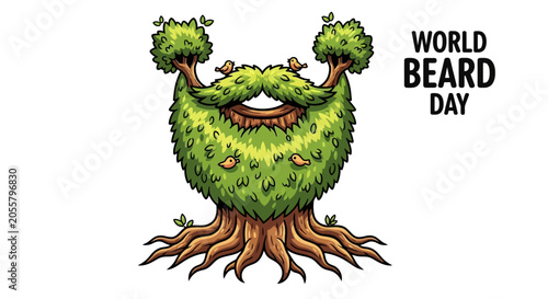 Bild auf Leinwand Creative World Beard Day Illustration with Tree Beard and Little Birds