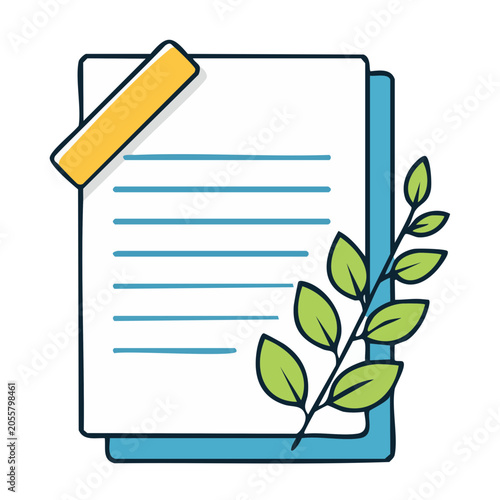 Paper with leaves and pencil flat design