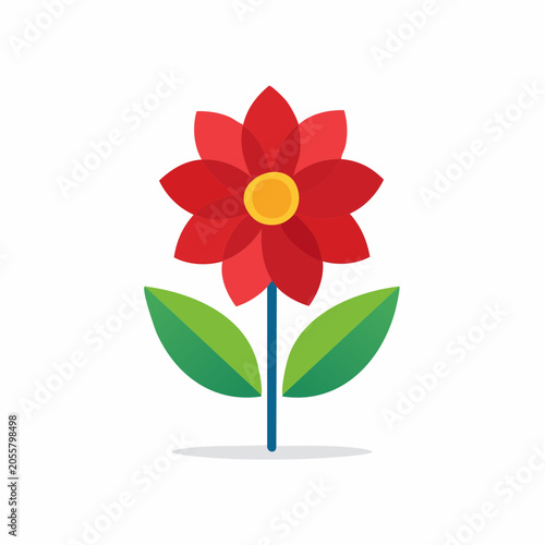 Stylized Red Flower with Green Leaves and Blue Stem