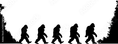Tableau sur toile Five Bigfoot (Sasquatch) silhouettes walking in a row, resembling human evolution, against a minimalist forest backdrop in black and white